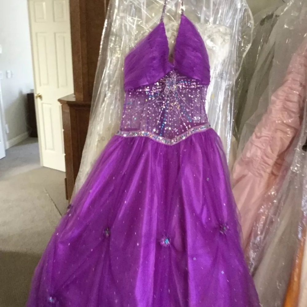 XCITE prom pageant beaded tulle dress purple multi dress ball gown 10 NEW